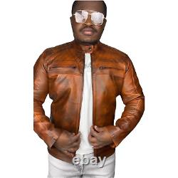 Men's Distressed Brown Biker Zipper Motorcycle Leather Jacket