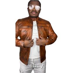 Men's Distressed Brown Biker Zipper Motorcycle Leather Jacket