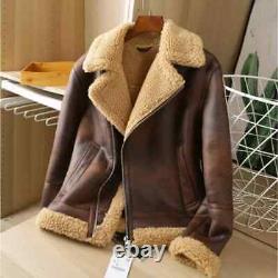 Men's Distressed Brown Bomber Aviator Fur Genuine Sheepskin Leather Jacket Coat