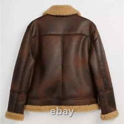 Men's Distressed Brown Bomber Aviator Fur Genuine Sheepskin Leather Jacket Coat