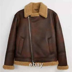 Men's Distressed Brown Bomber Aviator Fur Genuine Sheepskin Leather Jacket Coat