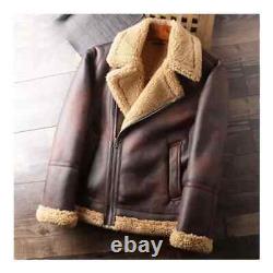 Men's Distressed Brown Bomber Aviator Fur Genuine Sheepskin Leather Jacket Coat