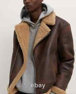 Men's Distressed Brown Bomber Aviator Fur Genuine Sheepskin Leather Jacket Coat