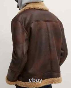 Men's Distressed Brown Bomber Aviator Fur Genuine Sheepskin Leather Jacket Coat