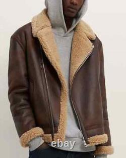 Men's Distressed Brown Bomber Aviator Fur Genuine Sheepskin Leather Jacket Coat