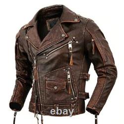 Men's Distressed Brown Cafe Racer Biker Riding Waxed Real Zipper Handmade Jacket