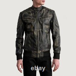 Men's Distressed Brown Leather Bomber Jacket Casual Wear Jacket