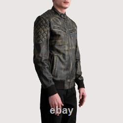 Men's Distressed Brown Leather Bomber Jacket Casual Wear Jacket