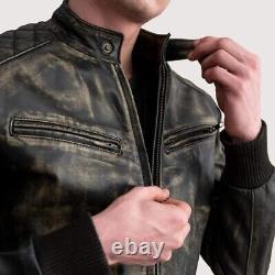 Men's Distressed Brown Leather Bomber Jacket Casual Wear Jacket