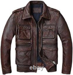 Men's Distressed Brown Leather Jacket Biker Vintage Cafe Racer Waxed Jacket