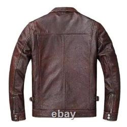 Men's Distressed Brown Leather Jacket Biker Vintage Cafe Racer Waxed Jacket