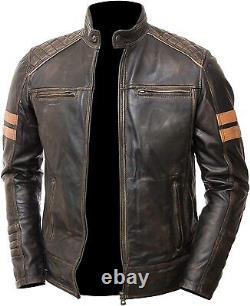 Men's Distressed Brown Leather Jacket Quilted Biker Retro Cafe Racer Jacket