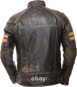 Men's Distressed Brown Leather Jacket Quilted Biker Retro Cafe Racer Jacket