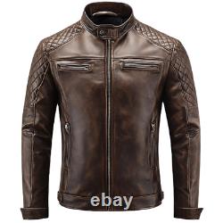 Men's Distressed Brown Leather Jacket with Quilted Shoulders