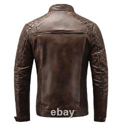 Men's Distressed Brown Leather Jacket with Quilted Shoulders