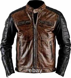 Men's Distressed Brown Leather Slim Fit Real Motorcycle Black Jacket 2xs-4xl