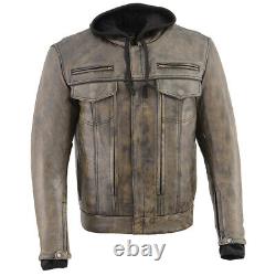 Men's Distressed Brown Leather Utility Pocket Sleeve Removable Hoodie Jacket
