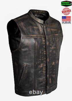 Men's Distressed Brown Leather Vest Gun Pocket Motorbike Motorcycle Waistcoat