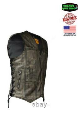Men's Distressed Brown Leather Vest Motorbike Motorcycle Gun Pocket Waistcoat