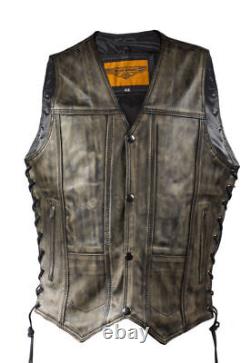 Men's Distressed Brown Leather Vest Motorbike Motorcycle Gun Pocket Waistcoat