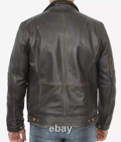 Men's Distressed Brown Rub-Off Leather Biker Jacket with Vintage Detailing