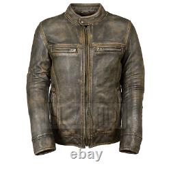 Men's Distressed Brown Triple Stitch Detailing Cowhide Motorcycle Leather Jacket