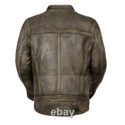 Men's Distressed Brown Triple Stitch Detailing Cowhide Motorcycle Leather Jacket