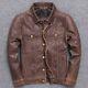 Men's Distressed Crackled Brown Collared Trucker Genuine Leather Button Jacket