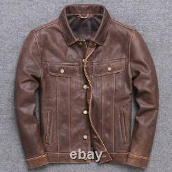 Men's Distressed Crackled Brown Collared Trucker Genuine Leather Button Jacket