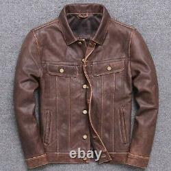 Men's Distressed Crackled Brown Collared Trucker Genuine Leather Button Jacket