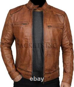 Men's Genuine Lambskin Leather Jacket DISTRESS BROWN SLIM fit VINTAGE Biker D21