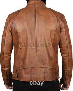 Men's Genuine Lambskin Leather Jacket DISTRESS BROWN SLIM fit VINTAGE Biker D21