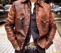 Men's Genuine sheepskin Leather Jacket Shirt DISTRESS BROWN VINTAGE Biker Jacket