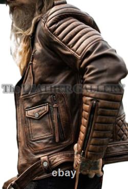 Men's Handmade Slim Fit Genuine Distressed Brown Motorcycle Leather Jacket
