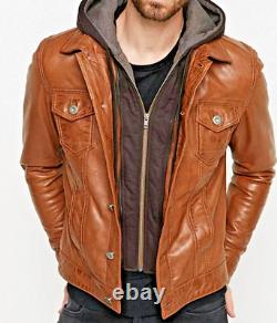 Men's Hooded Leather Jacket Biker Style Real Lambskin Distressed Brown Jacket