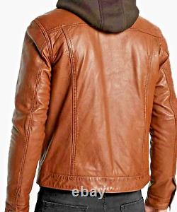 Men's Hooded Leather Jacket Biker Style Real Lambskin Distressed Brown Jacket