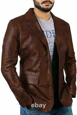Men's Leather Blazer Coat Classic Vintage Jacket Real Leather Distressed Brown
