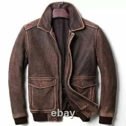 Men's Leather Bomber Flight Vintage Distressed Brown Genuine Leather Jacket