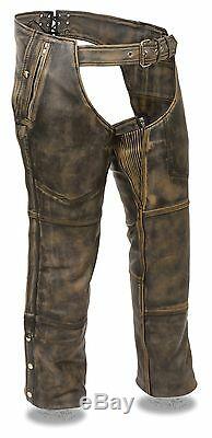 Men's Leather Distressed Brown Four Pocket Motorcycle Chap with Snap Out Liner