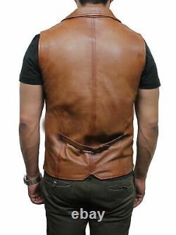 Men's Leather Lambskin Rub off Distressed Black/Tan/Burgundy Biker Waistcoat