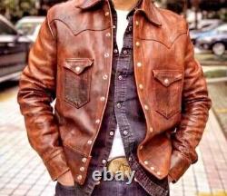 Men's Leather Shirt Vintage Distressed Brown Genuine Lambskin Leather Jacket
