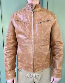 Men's, Leather, Stylish, Quilted, Tan, Distressed, Biker Jacket by Cottonfield