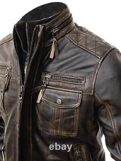 Men's Motorcycle Biker Abraci Distressed Brown Cafe Racer Real Leather Jacket