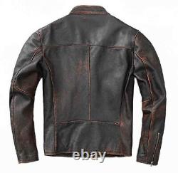 Men's Motorcycle Biker Vintage Cafe Racer Distressed Black Real Leather Jacket