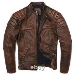 Men's Motorcycle Biker Vintage Cafe Racer Distressed Brown Real Leather Jacket