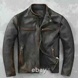 Men's Motorcycle Biker Vintage Cafe Racer Distressed Brown Real Leather Jacket