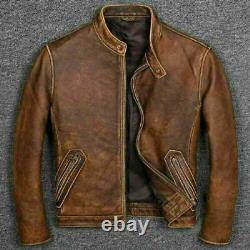 Men's Motorcycle Biker Vintage Cafe Racer Distressed Brown Real Leather Jacket