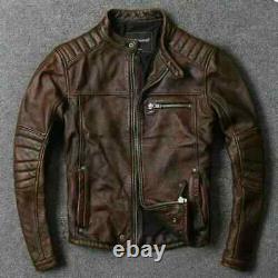 Men's Motorcycle Biker Vintage Cafe Racer Distressed Brown Real Leather Jacket