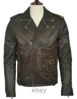 Men's Motorcycle Biker Vintage Cafe Racer Distressed Brown Real Leather Jacket