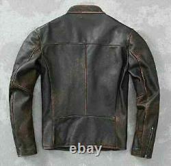 Men's Motorcycle Biker Vintage Cafe Racer Distressed Brown Real Leather Jacket